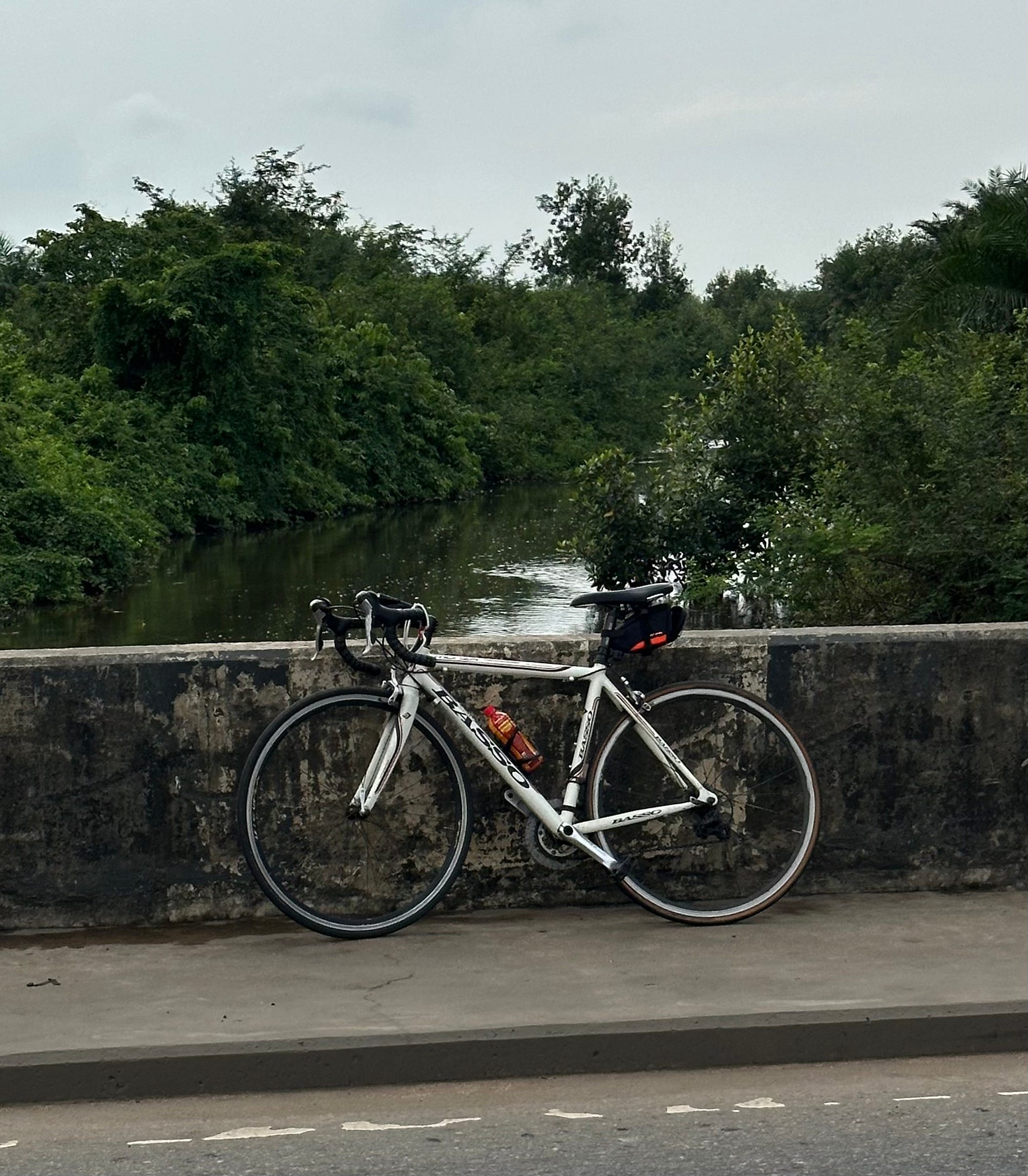 My road bike leaning against a bridge wall over the river, mid-ride.